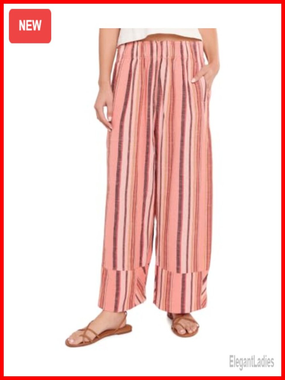 Linen Blend Striped Pull-On Flared Pants Low Rise Casual